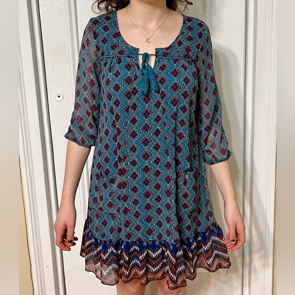 AS U WISH Long Sleeve Size S Dress | Blue and red pattern with ruffle bottom